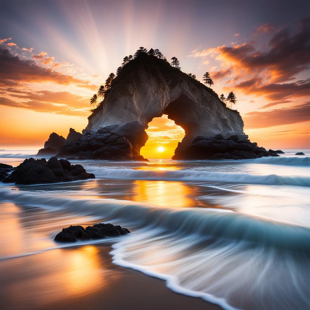 Sunset through the Sea Arch  by @Relaxing Kiwi