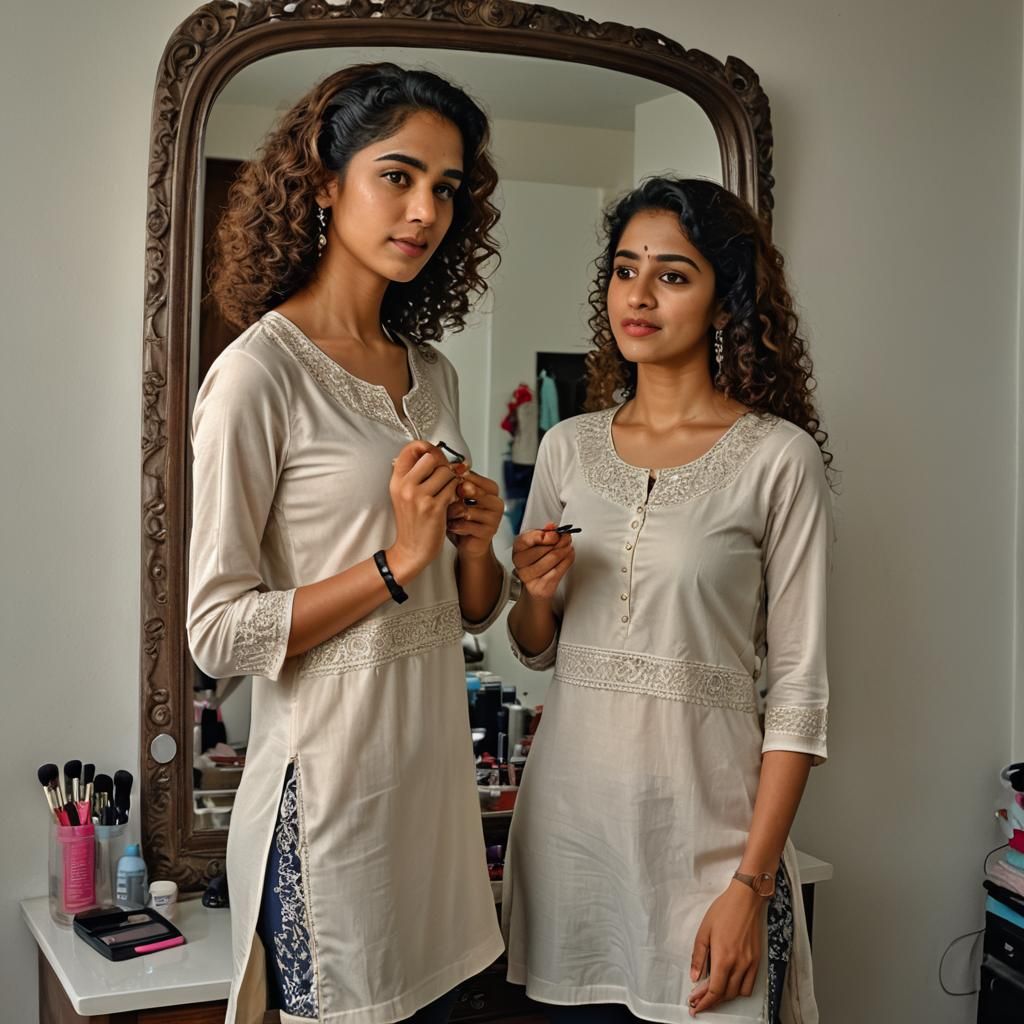 Sister doing makeup wearing simple kurti