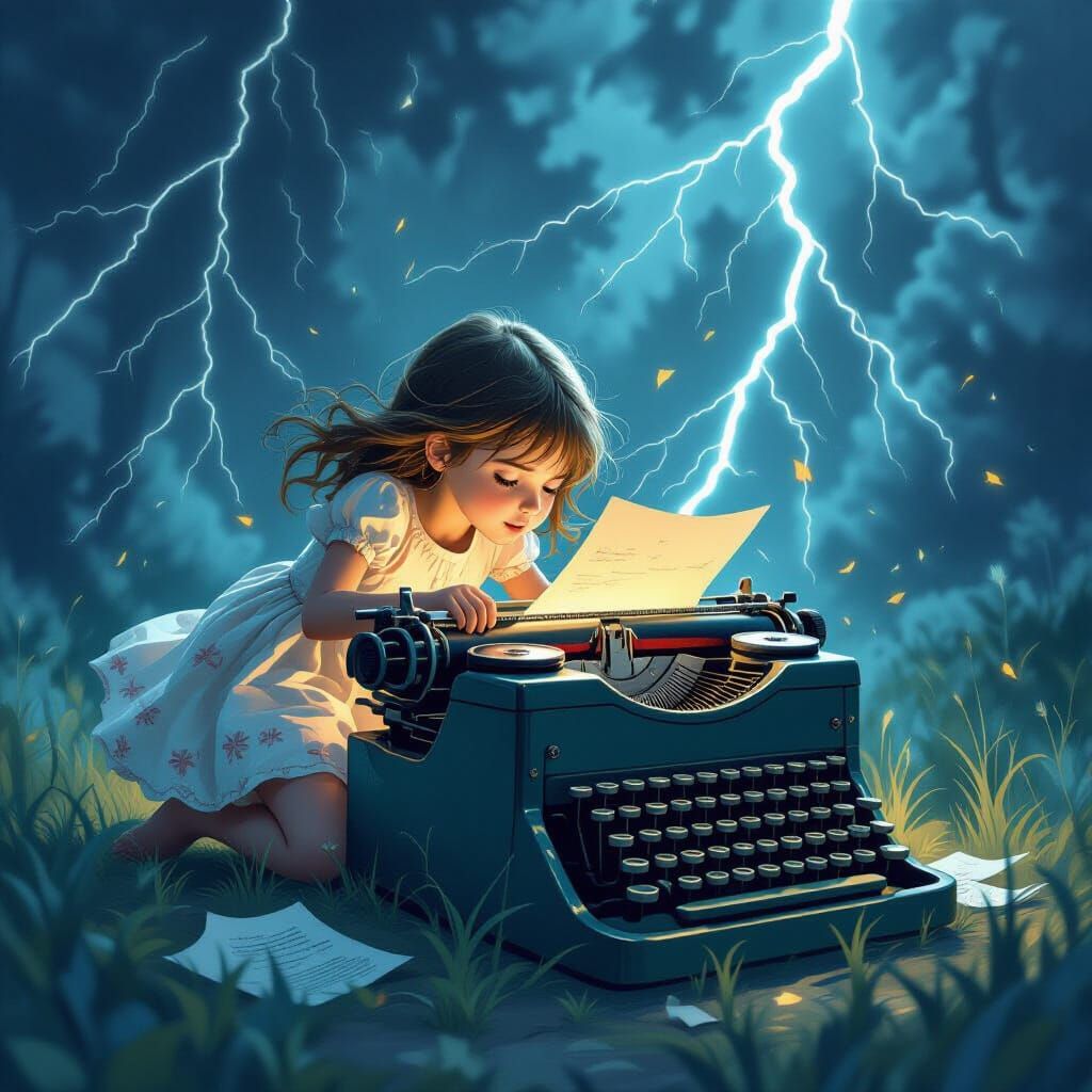 Girl Trapped in Typewriter, Lightning Strikes, Whimsical Art