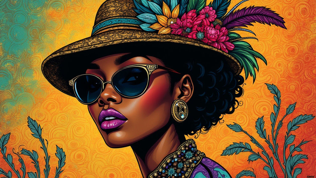 A portrait of an exotic black woman with purple lipstick, we...