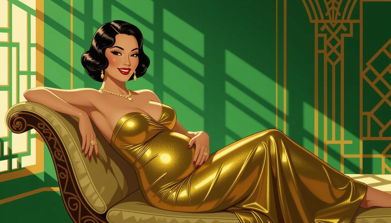 Pregnant East Asian Woman in Gold Latex Dress, Art Deco Styl...