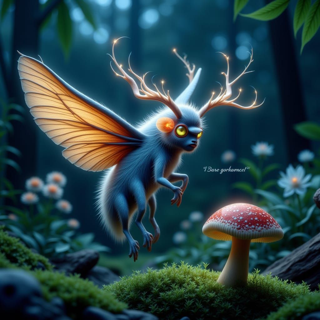 A whimsical, fantastical creature that is a hybrid of a moth and a mushroom, with delicate, iridescent moth wings sprouting from a plump, sp...