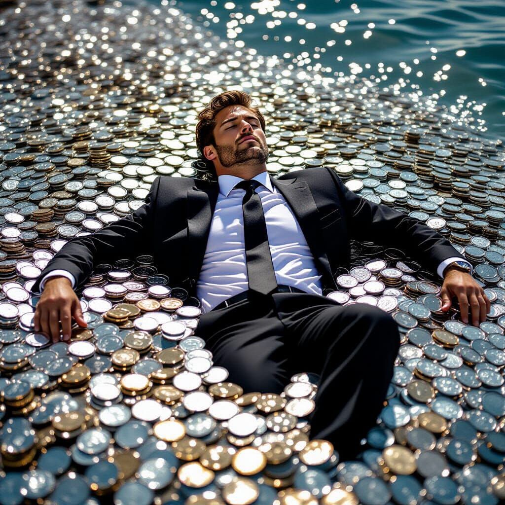 Man Drowning in Coins, Professional Photography