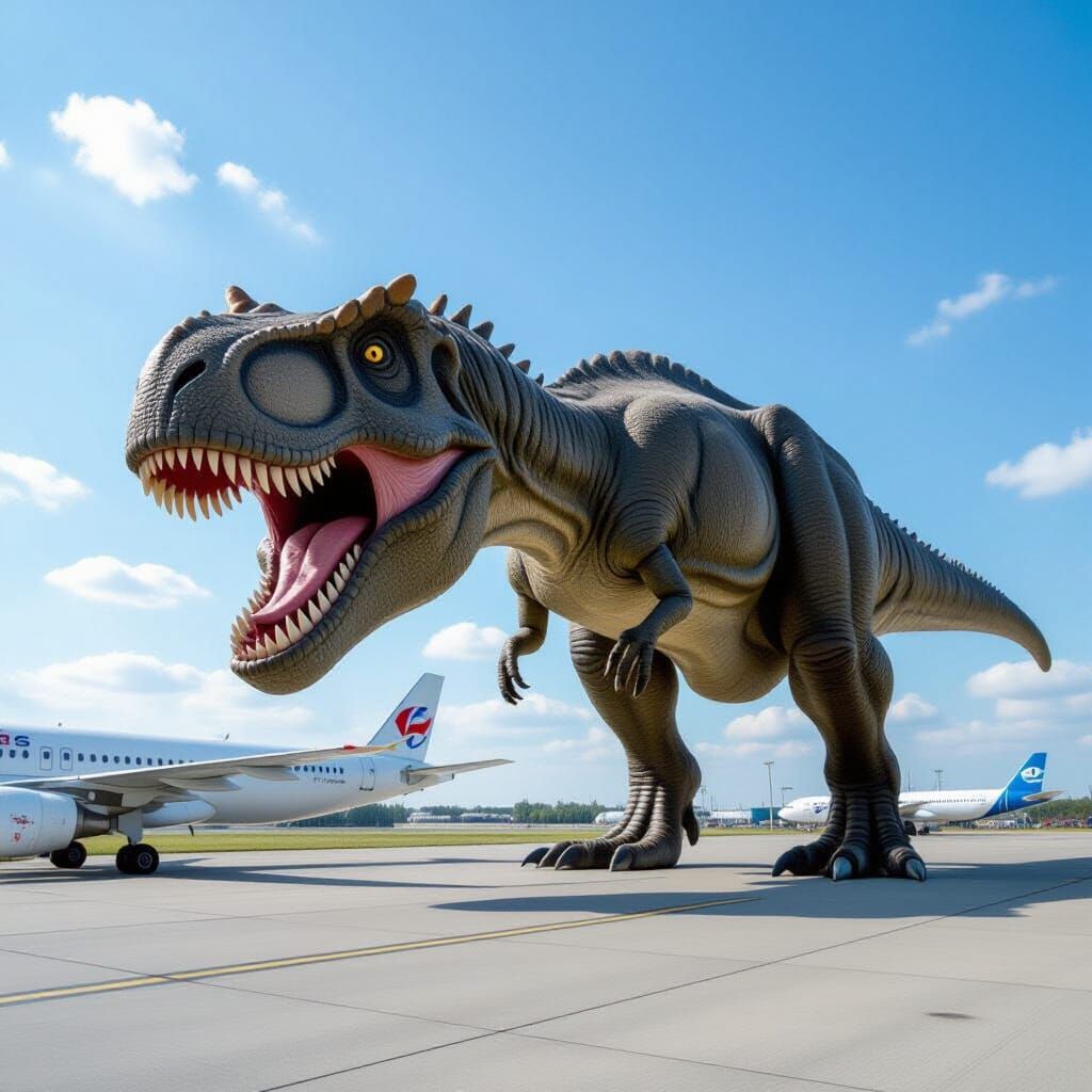 Giant Dinosaur Devouring Airplane