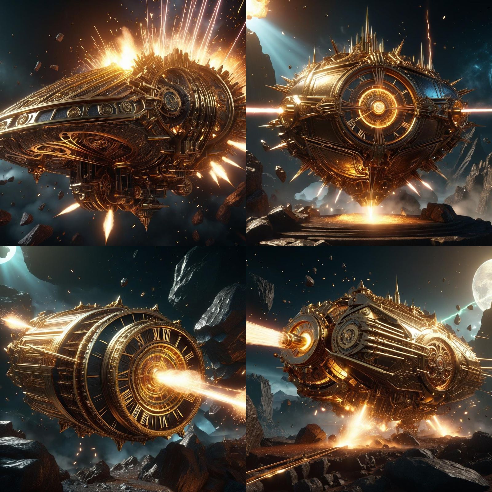 intricate clockwork spaceship firing lasers at an asteroid, steampunk ...