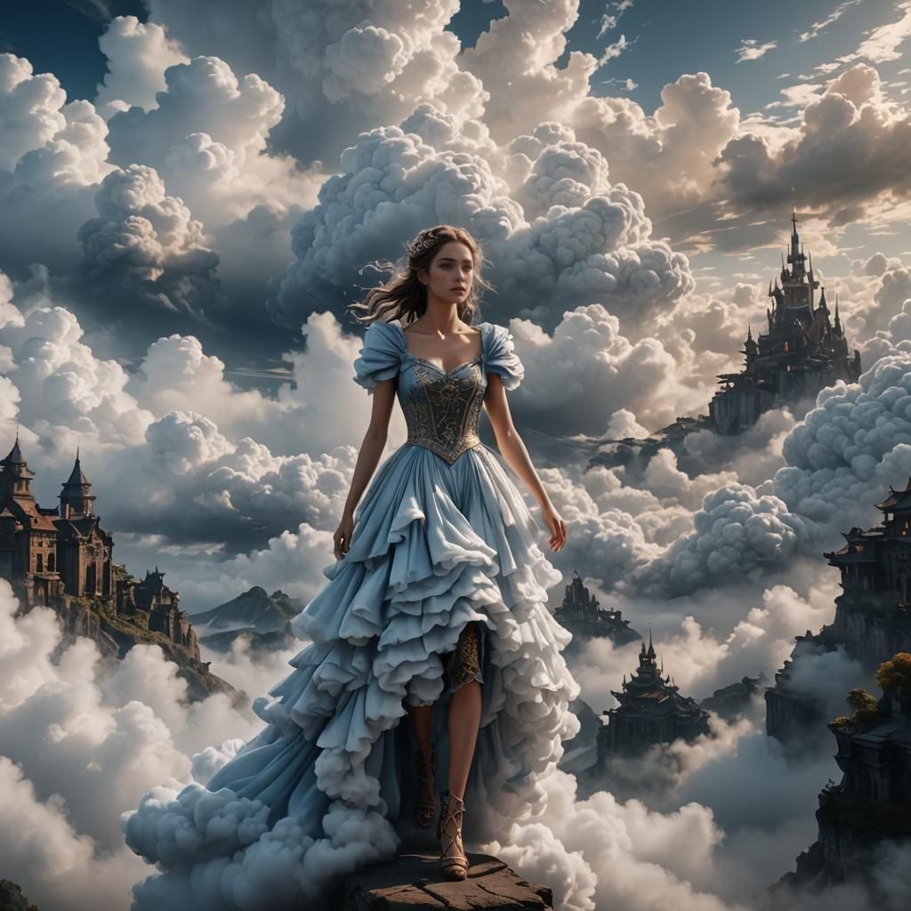 A girl whose dress is literally made out of clouds