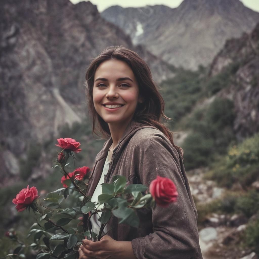 A rose girl smile to the world around her beautiful Mountains 