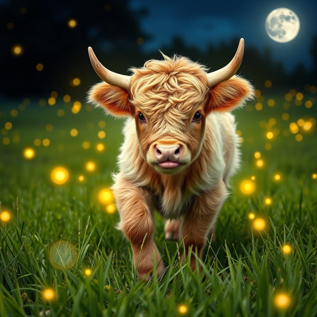 a realistic baby light brown highland cow running around in the grass in the night around him are glowing ...  by @Movie character creator