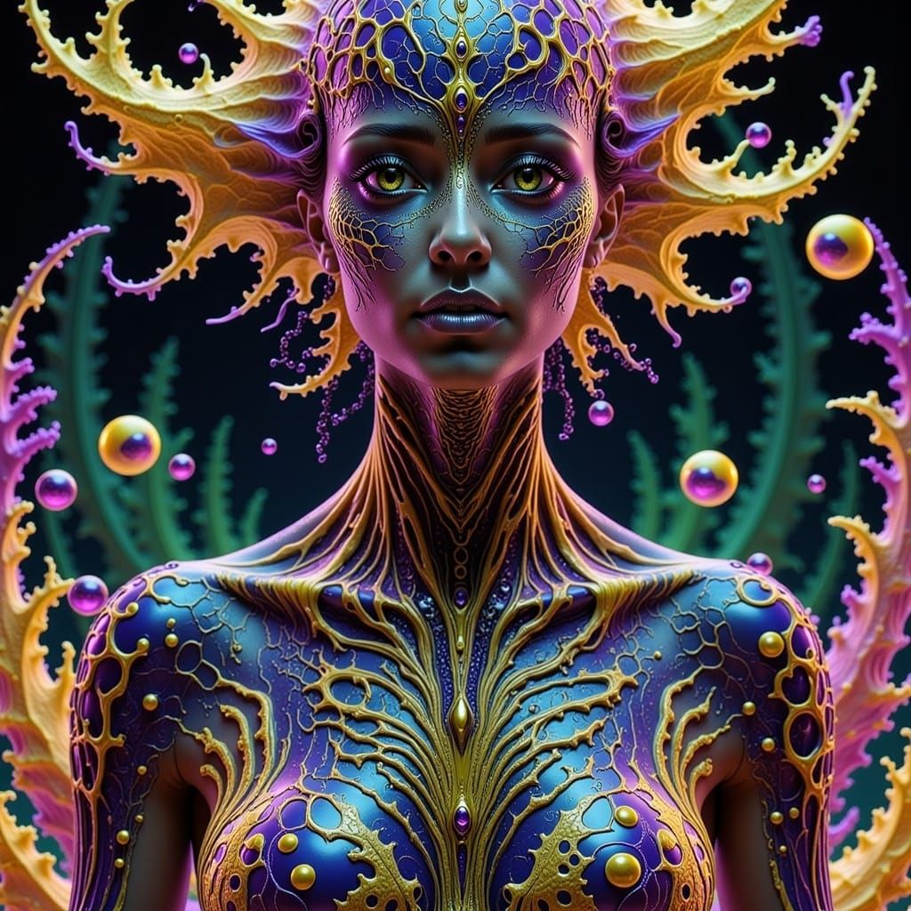 Amazing detailed photorealistic kaleidoscopic blacklight UV light portrait beautiful shaman surrounded by exotic birds bioluminescence, drea...