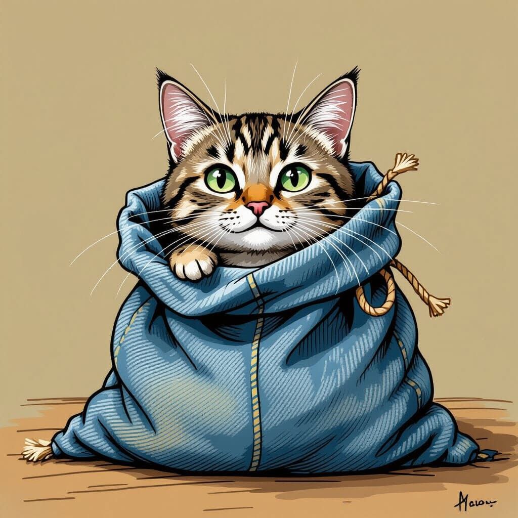 Cat in Denim Sack, Whimsical Illustration