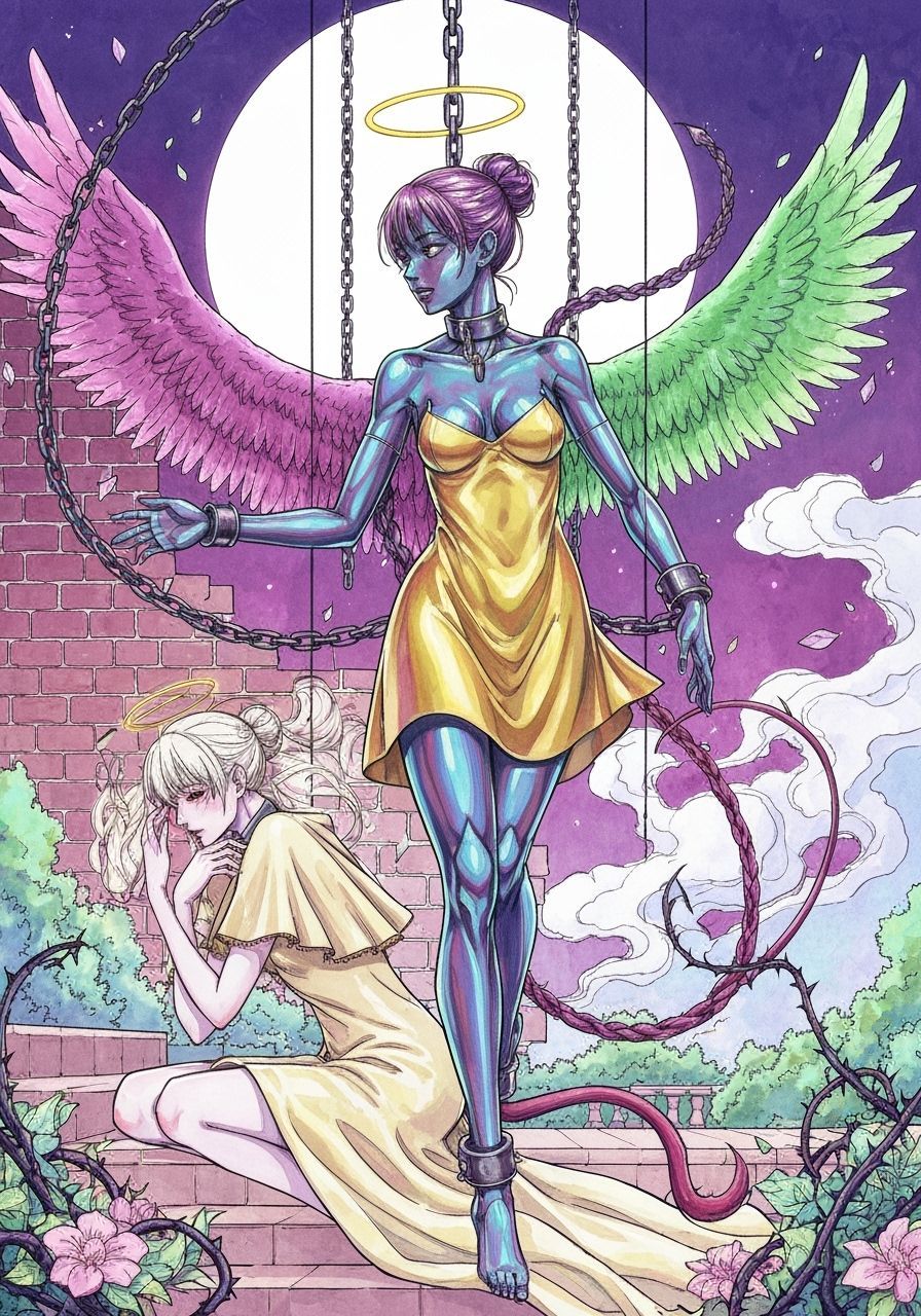 2d, anime key visual, imprisoned, dynamic pose, mature female, metal skin, iridescent, fantasy, colored skin, reflective...