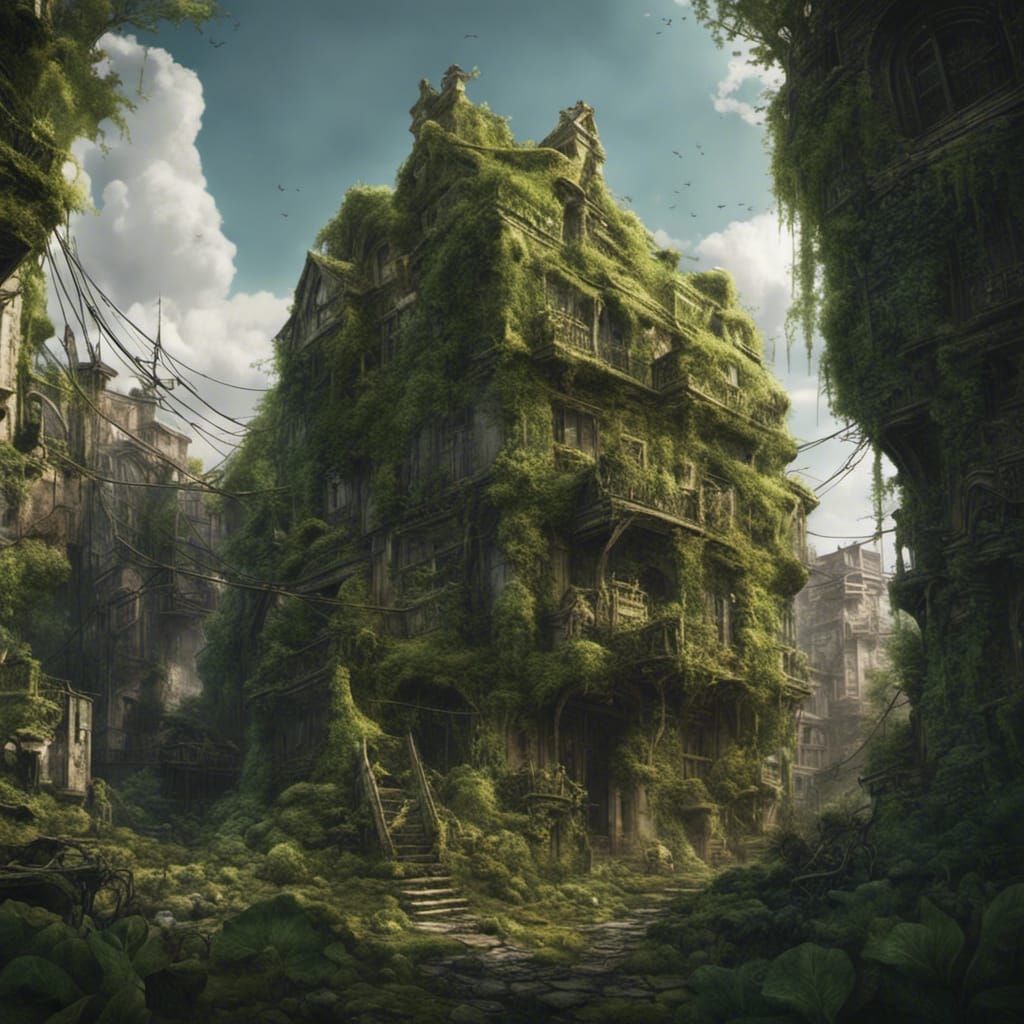 Overgrown city covered in vines and moss