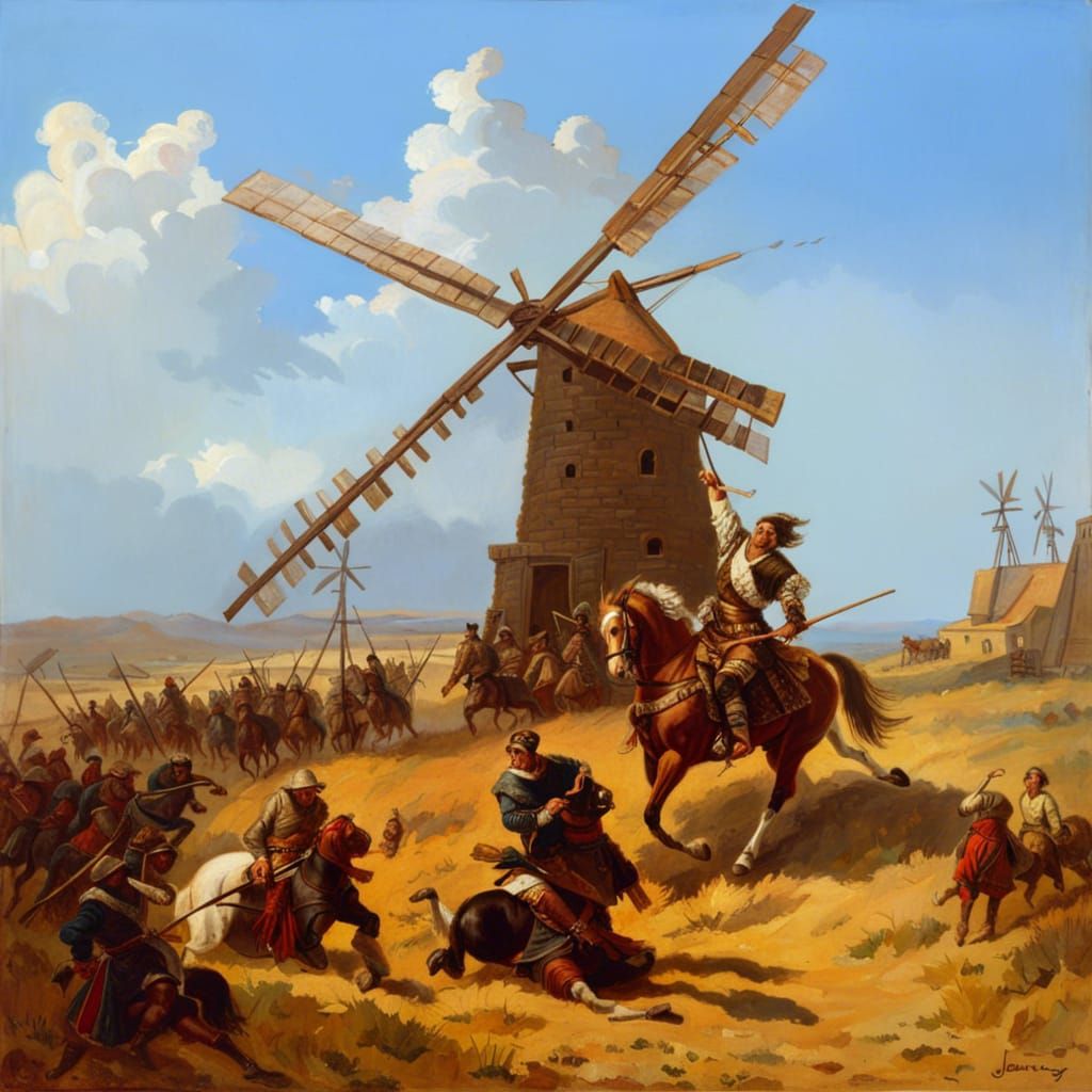 Don Quixote of Lamanche  single-handedly attacks windmill