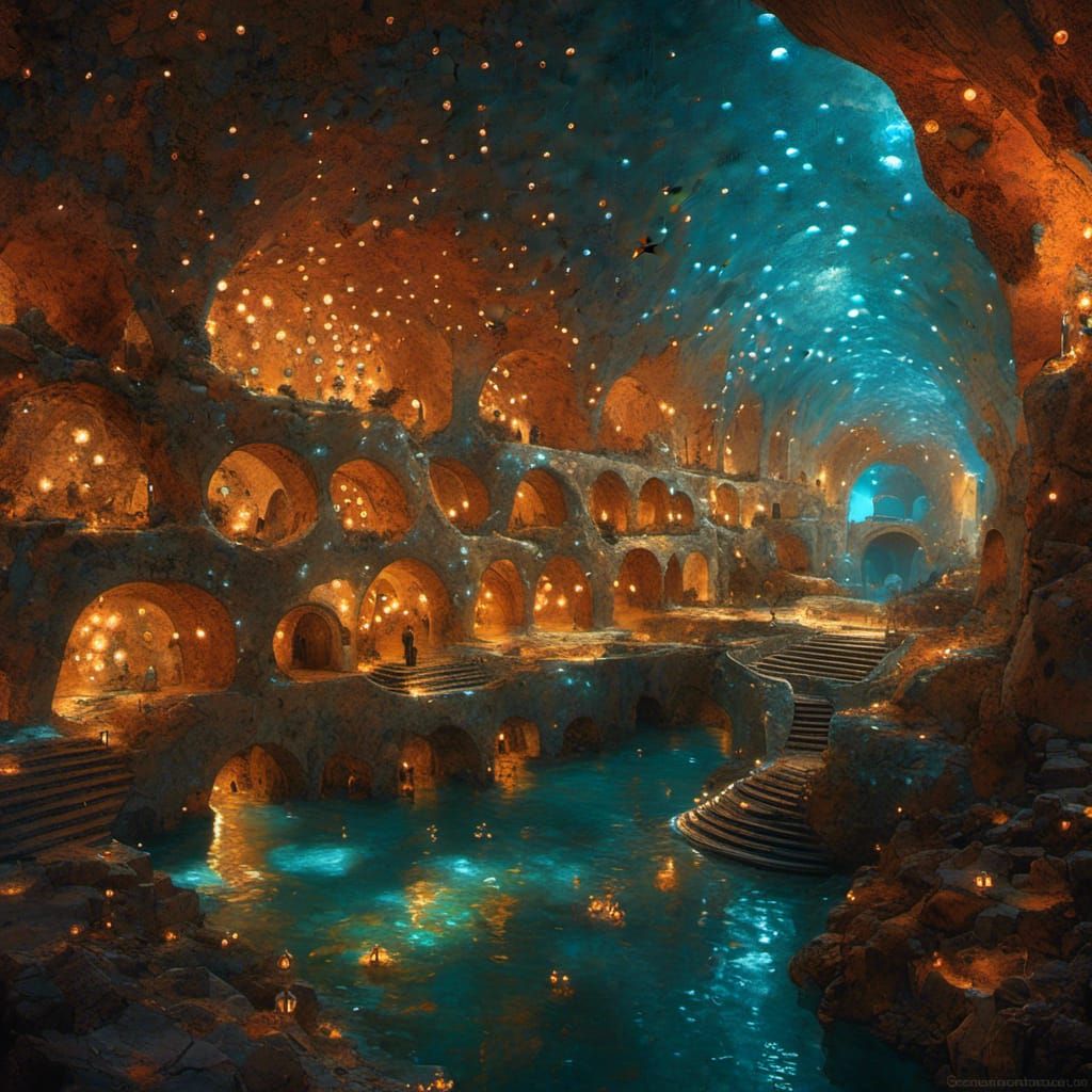 <lora:MJ6 Surreal Builds:1.0> Subterranean City of Light: A subterranean city illuminated by glowing crystals embedded in the walls and cei...