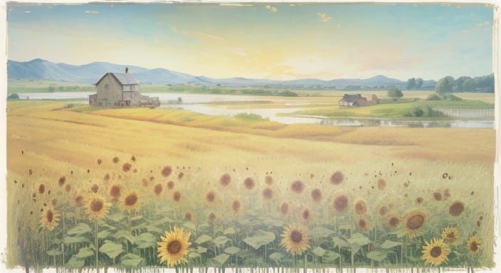 Impressionistic Summer Cottage Amidst Sunflowers and Wheat F...