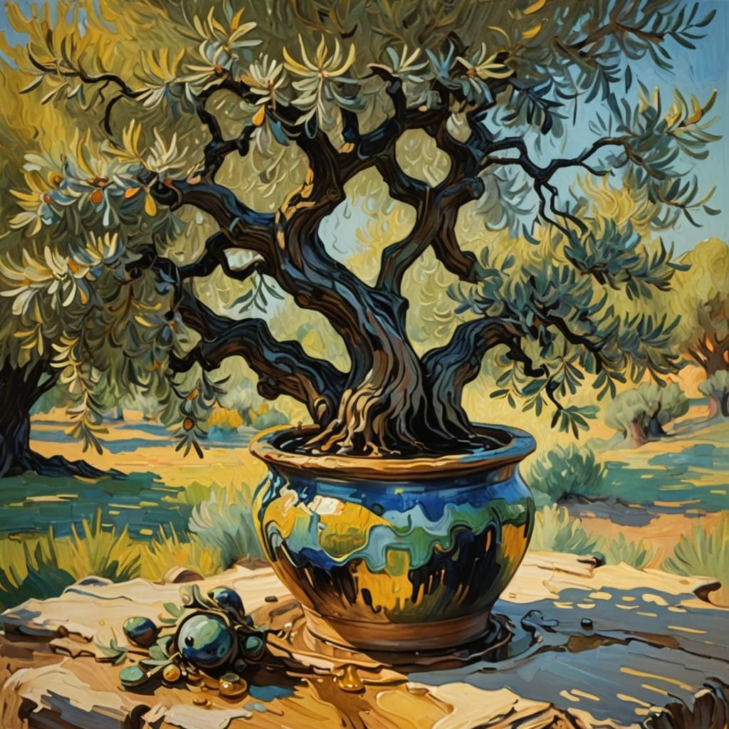 Olive Tree Dripping Oil: Impressionist Still Life
