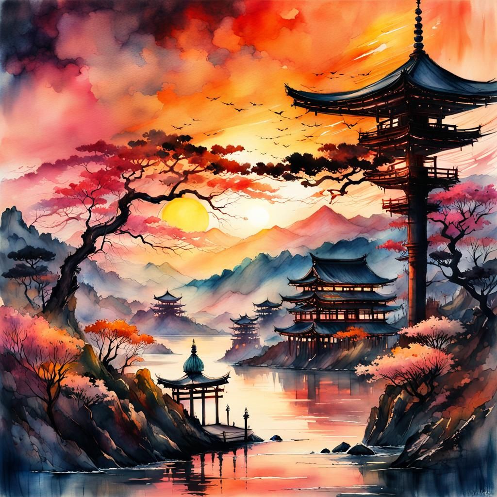 Japanese watercolor landscape - AI Generated Artwork - NightCafe
