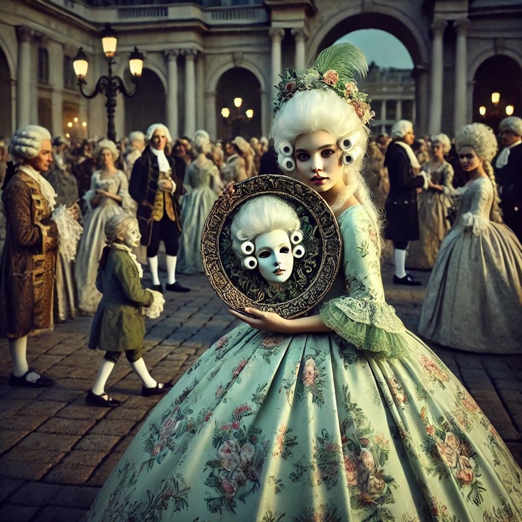 Whimsical photograph of a 18th century girl holding a plate with a small head on it