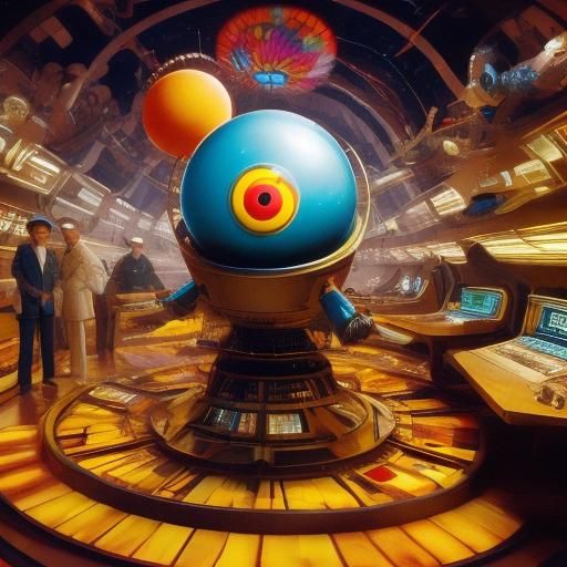 <lora:Candy Cosmos:1.0> A strange creature in vintage clothes inside a retro spacestation.