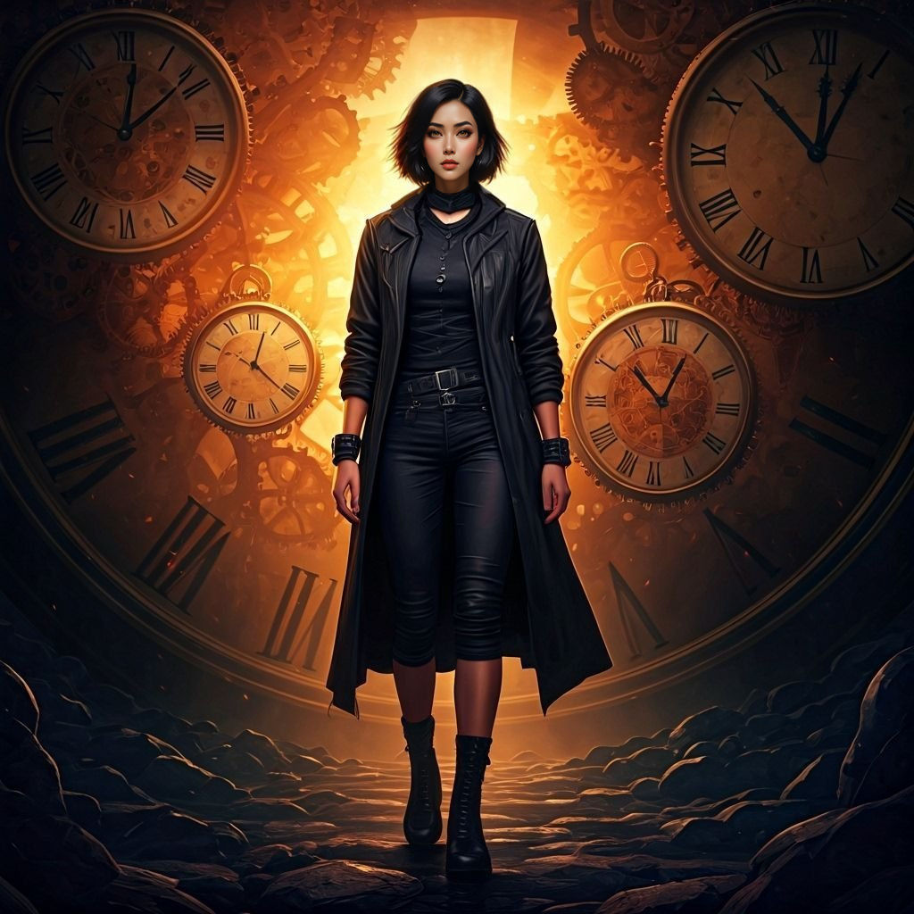 Thai Woman Amidst Giant Clocks, Fantasy Concept Art