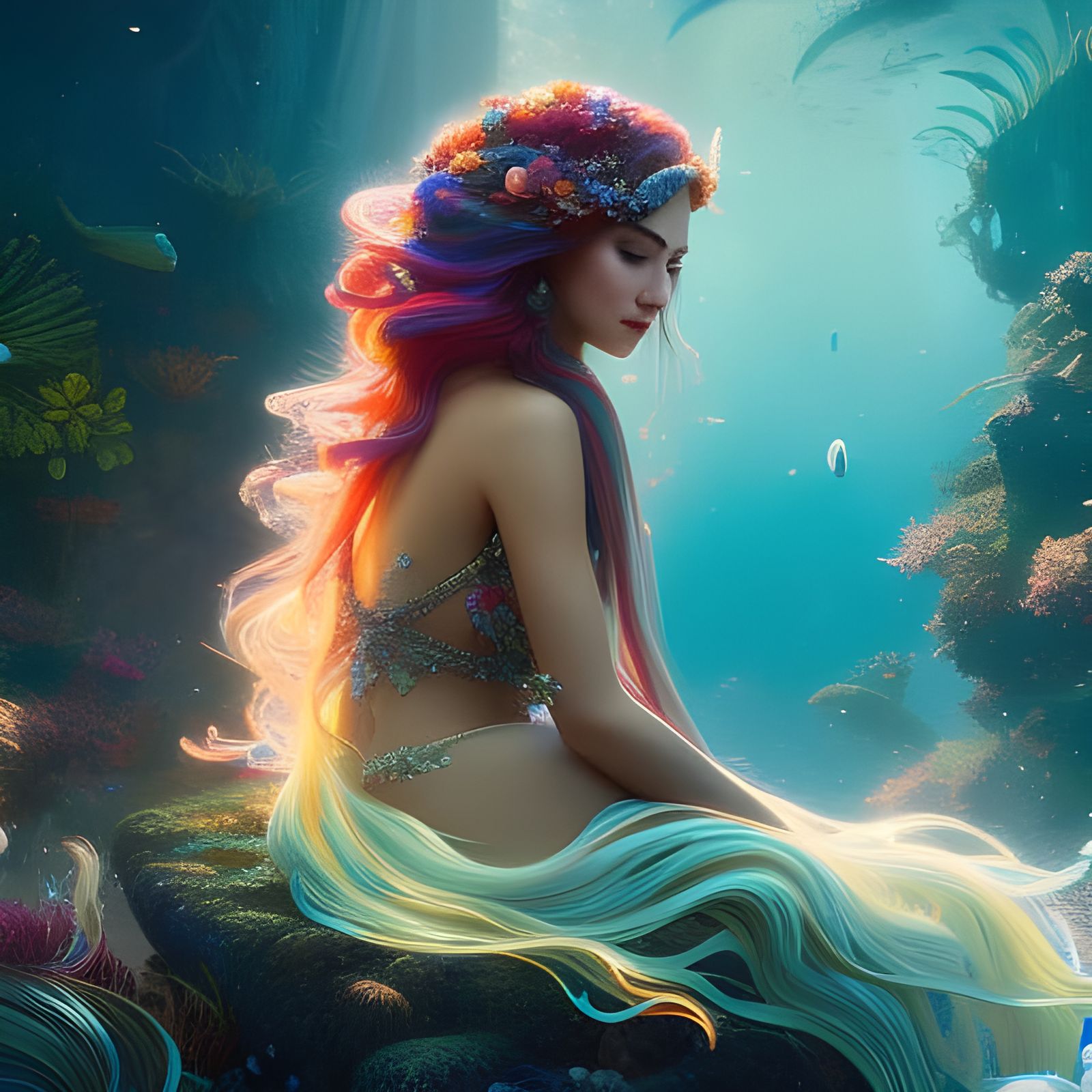 a beautiful mermaid sitting on a rock  by @Nemo