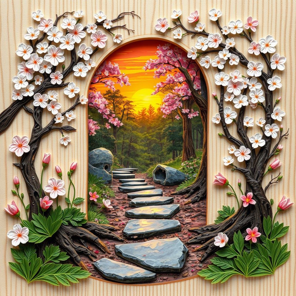 Quilled Paper-Cut Realistic, heavily textured impasto acrylics with vibrant brushstrokes. A wood grain ...  by @Illusion Krafter