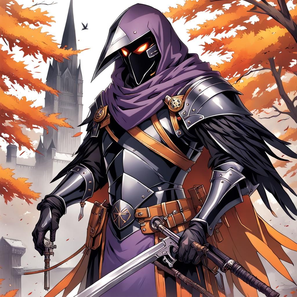 crow humanoid, armor knight, fall autumn, orange, brown, pur...