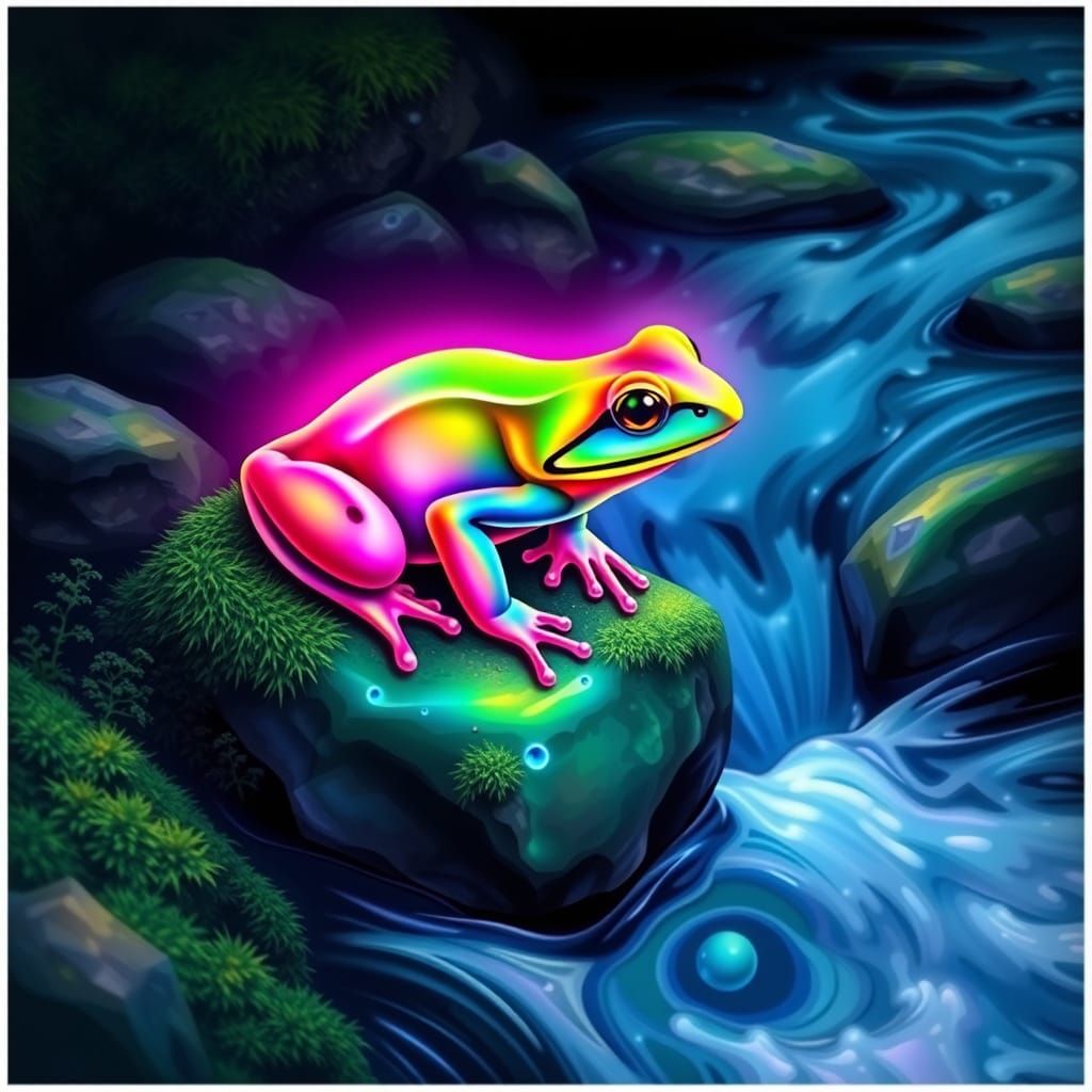 An glowing rainbow colored frog sitting on a moss covered rock near a fast moving stream.