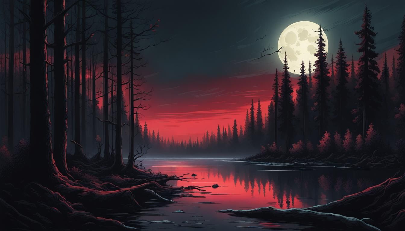 Moonlit River Through Dark Forest Painting