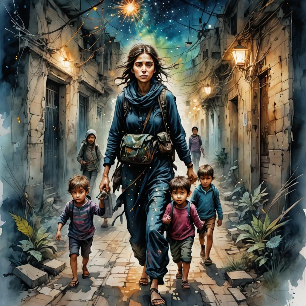 Mother Fleeing With Children   by @Edgar Allan Poe 