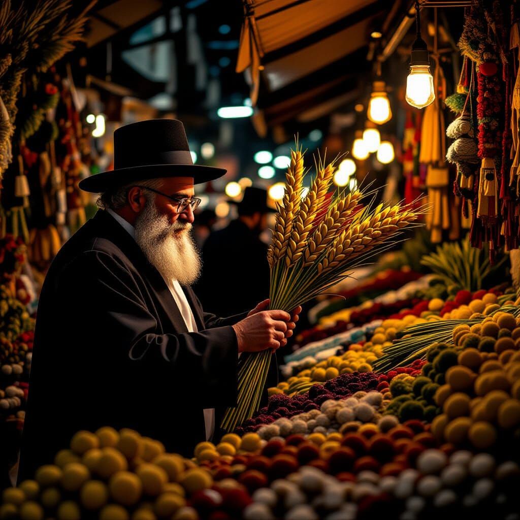 Rabbi Examining Lulav in Jerusalem Market