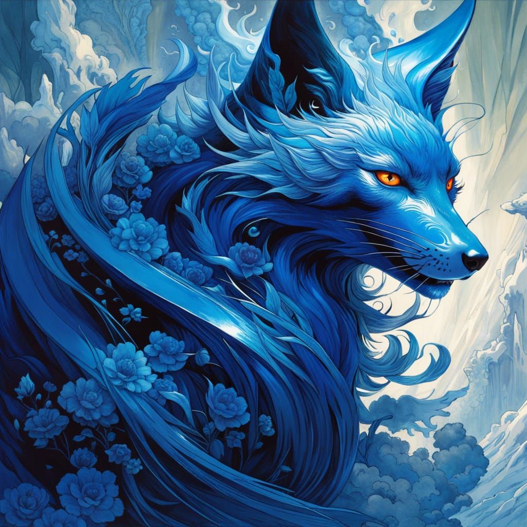 Gorgeous Blue Kitsune - AI Generated Artwork - NightCafe Creator