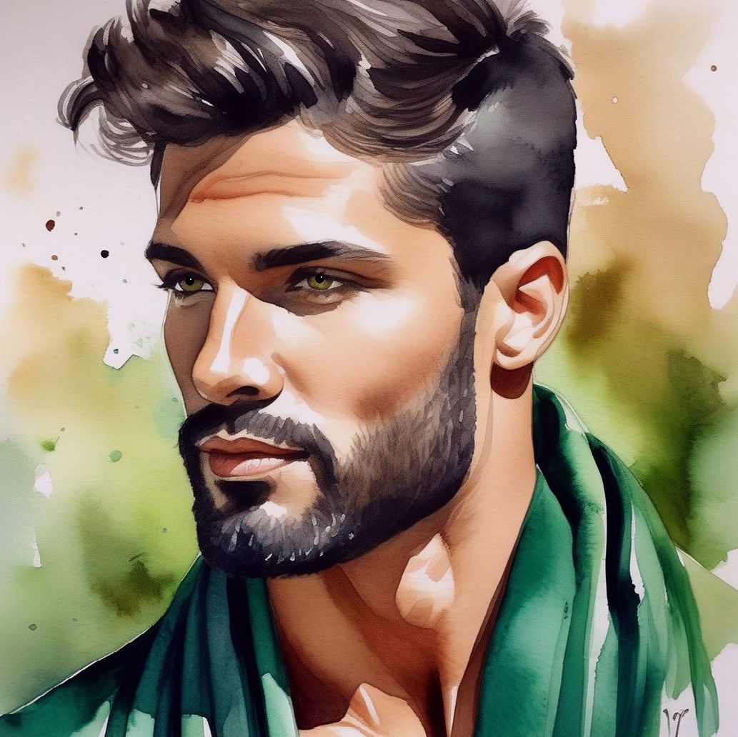 A handsome  man  with  black  hair and beard wearing a  gree...