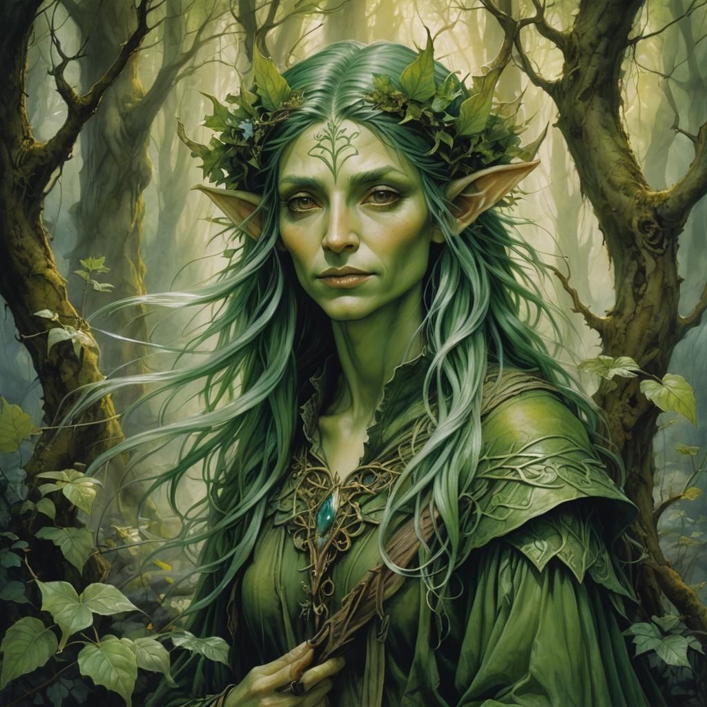 art by Brian Froud, John Howe, green hair green clothing elf portrait ...