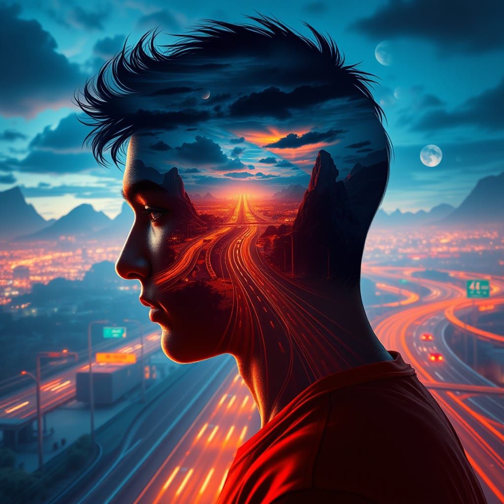 A person’s profile filled with a highway scene  by @Dark Mc Bright