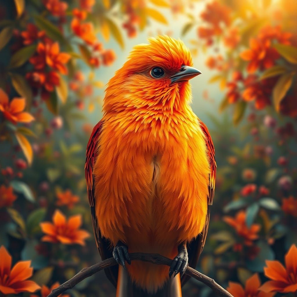 ultrarealistic centered portrait of a stunning beautiful vivid, colorful, vibrant all orange bird with ...  by @LTSings