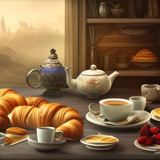 Breakfast, croissants, teapot, rolls