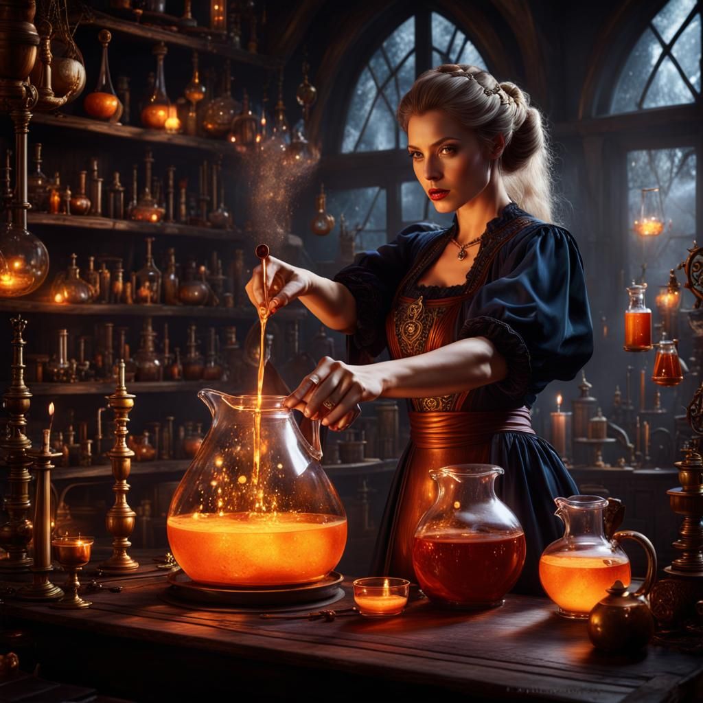 Beautiful witch casting a spell by pouring liquid from one pitcher to another, in a magical laboratory, ...  by @El3ttrikaPsik3
