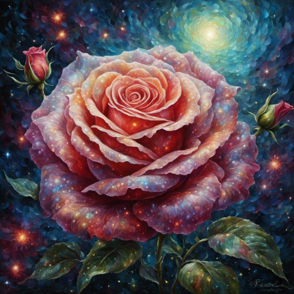 <lora:CosmicDollops:1.0> || magical rose radiating light and power