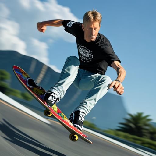 Tony Hawk making his signature move, sharp focus, hyper real 