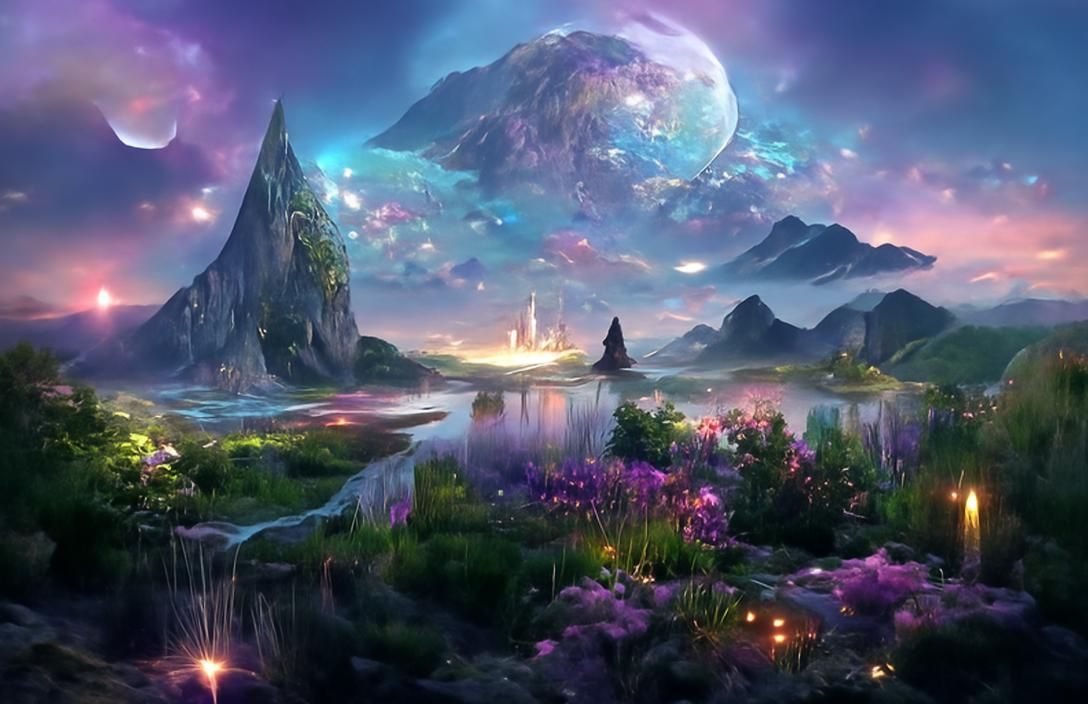 Iridescent Mountain Landscape Under Cosmic Starry Sky