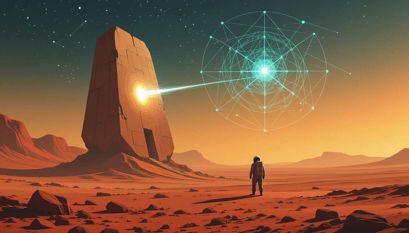 A lone astronaut discovers an ancient, monolithic structure pulsating with unknown energy on a barren, rust-colored planet. The sky is fille...