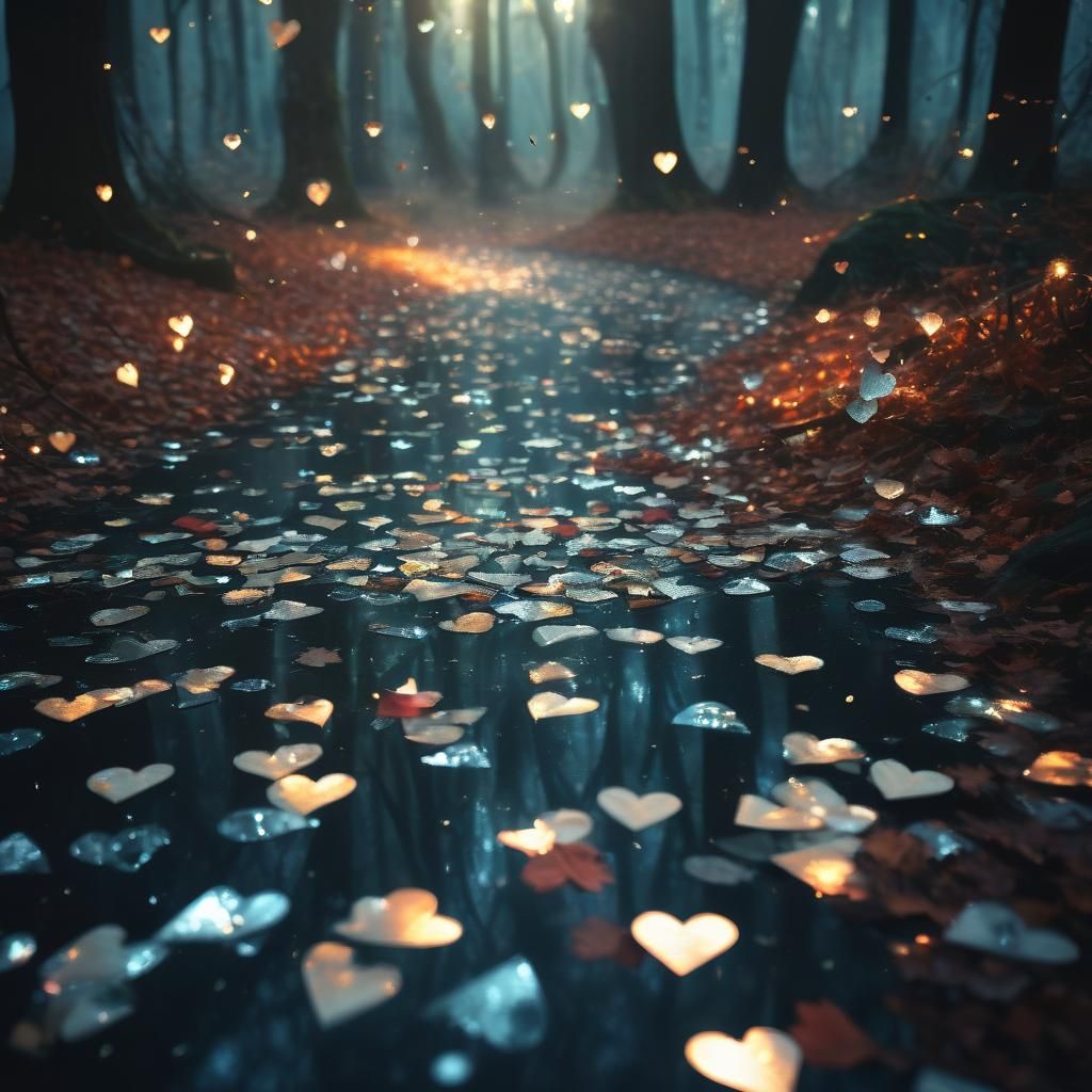 Enchanting Forest Scene with Shattered Hearts, Whimsical Pho...