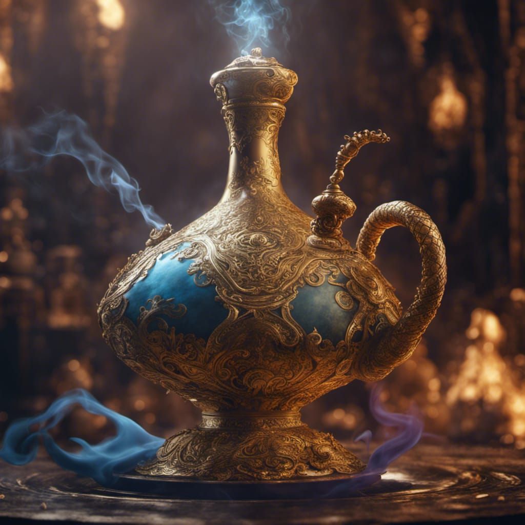 a genie, appearing with smoke, out of a gold glass bottle