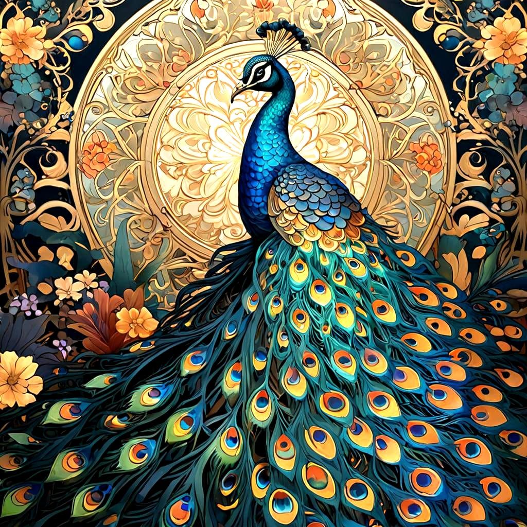 Intricate, Art Nouveau-inspired illustration of a colourful, high resolution , ornate peacock, flowing lines and shimmering, thin black-line...