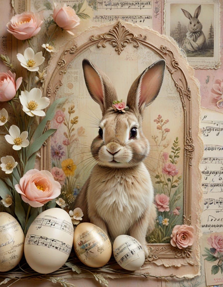 Vintage Easter junk journal page with a bunny and hand-painted eggs  by @Havping