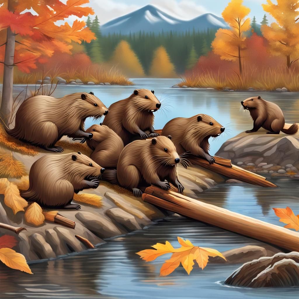 A visible realistic looking colony of seven beavers working as a team with each beaver having a part to play stacking wood and brush to buil...