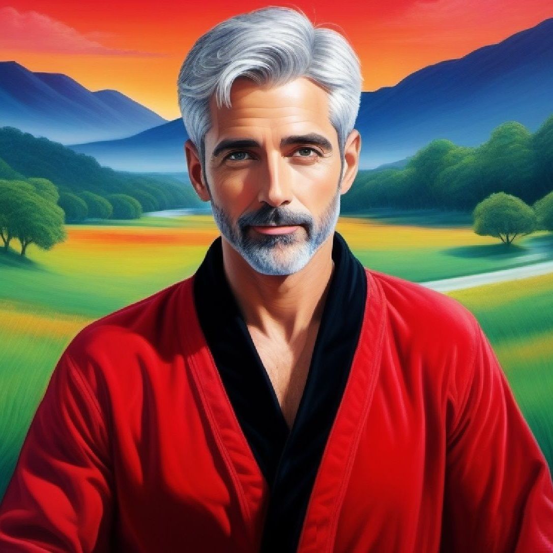 A handsome daddy with   grey hair and beard wearing a     re...