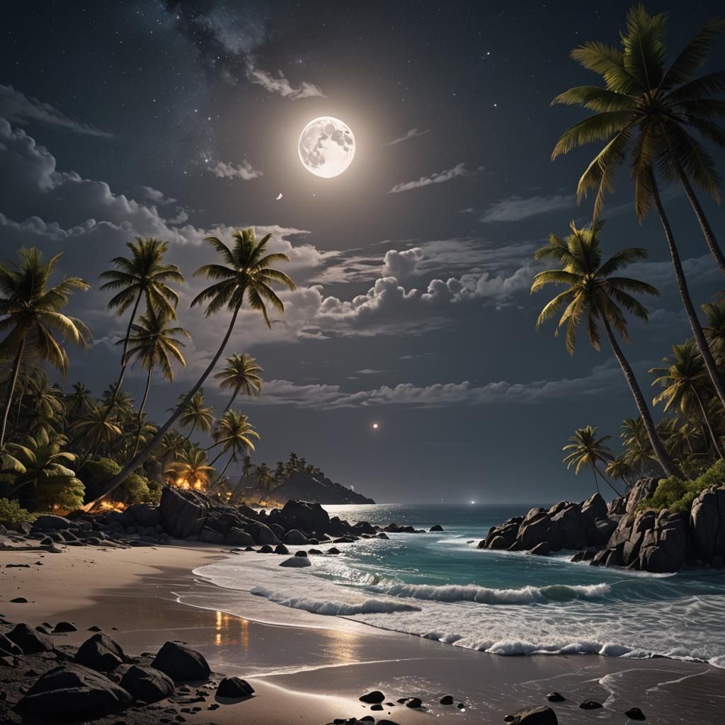 Dark rocky beach at night with palm trees and the moon in the sky  by @Fancy