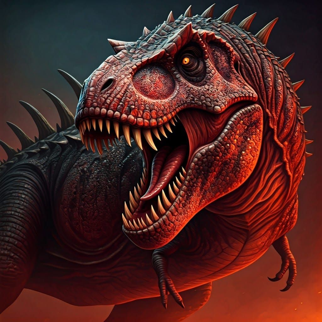 A colossal red tyrannosaurus rex with two rows of jagged tee...